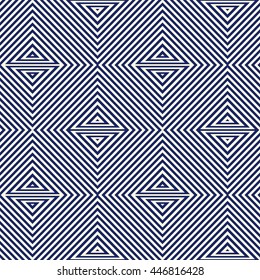 Pattern with geometric ornament. Striped navy blue abstract background. Repeated triangles wallpaper. Vector illustration