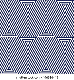 Pattern with geometric ornament. Striped navy blue abstract background. Repeated triangles wallpaper. Vector illustration