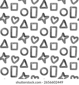 Pattern of geometric shapes with abstract striped strokes. Stripes in the shape of geometric objects in a seamless texture. Vector packaging, shaded geometric shapes