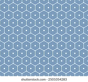 Patrón de Formas geométricas. Color azul sobre fondo a juego. Celdas de mosaico de hexágonos redondeados apilados en negrita. Formas hexagonales. Patrón sin fisuras. Ilustración vectorial basculante.