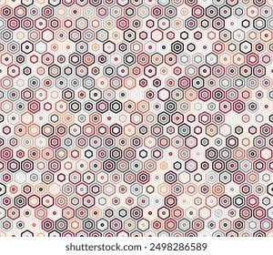 Pattern of geometric shapes. Bold rounded stacked hexagon cells. Hexagon geometric shapes. Multiple tones color palette. Seamless pattern. Tileable vector illustration.