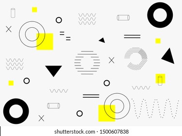 Pattern geometric shapes with circle, round, ring, triangle, wavе, square, line. Graphic hipster composition for banner, poster, magazine, leaflet, billboard. Memphis vector illustration