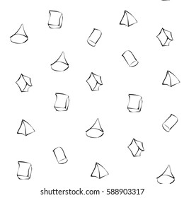 Pattern of geometric shapes, cube, cylinder, pyramid black on white