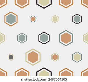 Pattern of geometric shapes. Multicolored geometric elements of varied size. Hexagon bold mosaic cell with padding and inner solid cells. Large hexagons. Tileable pattern.