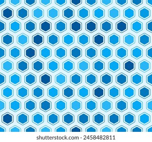 Pattern of geometric shapes. Rounded hexagons mosaic cells with padding and inner solid cells. Blue color tones. Hexagonal shapes. Seamless pattern. Tileable vector illustration.