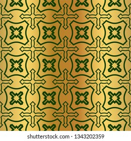 Pattern Of Geometric Shapes. Seamless Vector Illustration. For The Interior Design, Wallpaper, Printing, Textile Industry, Scrapbook Paper. Luxury design in green gold color.
