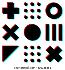 Pattern of Geometric shapes in the squares with Anaglyph 3D effect - cyan and red. Inscribed in a square shape: rectangle, square, circle, triangle. Flet geometric pattern