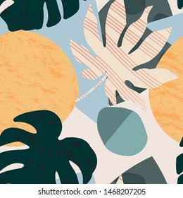 pattern with geometric shapes and tropical leaves. Mid-century modern art