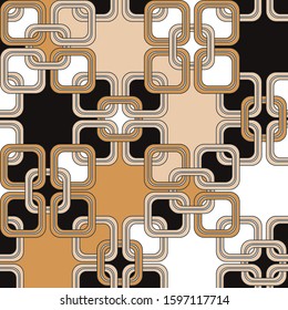 Pattern of geometric square frames on a beige, black and brown background. Geometric flowers in retro style. Seamless pattern suitable for decoration, textile, wallpaper, fabric.