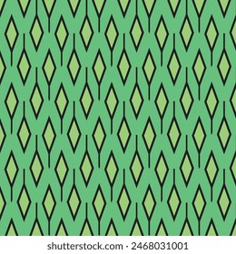 Pattern with geometrically stylized leaves, green rhombuses outlined in black. Textile design for scarves, blouses, dresses, shirts and others. Decorative paper background. Abstract vector.