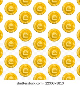 Pattern of Georgian lari coins on transparent background with mini doodle (icons) and gold color. Vector Illustration