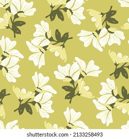 Pattern with Geranium magnificum leaves and flowers on a green-yellow background.