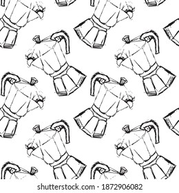 Pattern of geyser coffee maker black and white hand drawn. Coffee geyser seamless texture and background. Vector illustration. Coffee icons or emblem in seamless pattern, for coffee shop, postcards.