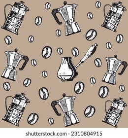 Pattern with a geyser coffee maker, a Turk and a French press drawn in the style of a sketch. Vector illustration.