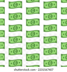 Pattern of Ghanaian cedi banknotes on transparent background with mini doodle (icon) and green color. Vector Illustration
