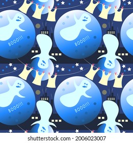 A pattern with ghosts on the background of a night city.