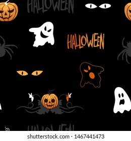 A pattern of the ghosts, spiders and pumpkins on a black background. Background for your Halloween party design.
