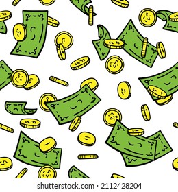 Pattern For A Gift About Wealth And Money And Green Banknotes And Gold Coins Are Pouring