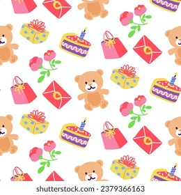 Pattern gift bag, fireworks, bouquet, envelope, flowers, confetti, cake, gift box, bear on a white background. Festive texture for printing on textiles and paper. Gift packaging, postcard.