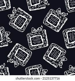 pattern of a gift box with ribbon and bow top view. seamless pattern of hand-drawn doodle style with an isolated white outline with an inscription on top with a pattern for holiday design templates