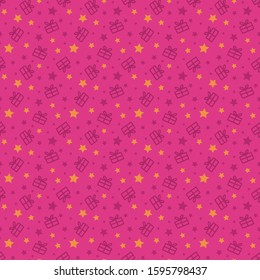Pattern with gift box and stars. Holiday background for packing paper, walls. Digital paper for girl birthday on pink background