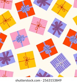 Pattern with gift boxes. Decoration for birthday, valentine's day, Mother's day, New Year and other holidays. Hand drawn gift packaging, wrapping, greeting card	