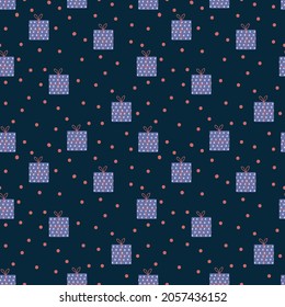 Pattern with gift boxes. A surprise for the holiday in a package. The present is blue with stars with a ribbon for the textile background. Vector illustration