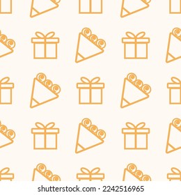 Pattern of gift cob and bouquet on beige. Vector isolated image for use in textiles or packaging