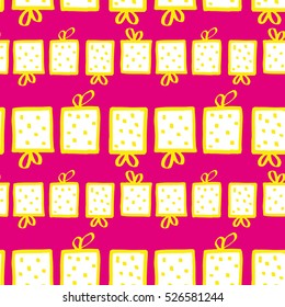 Pattern with gift packs in yellow and white on pink background. Design for card, textile, background, wallpaper. Handmade.