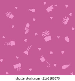 pattern for gift wrapping with houseplants and hearts pink purple