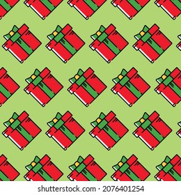 Pattern with gifts in a box on a green background. Concept of New Year holidays. Gifts from Santa Claus. Can be used as a background.