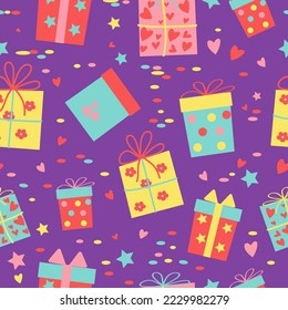 Pattern Gifts in boxes. Doodle drawings. Seamless, holiday decor. Bright color packaging with gifts for Birthday, Christmas, New Year, Valentine's Day. Confetti. Background, texture. Vector graphics.