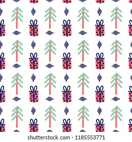 a pattern of gifts of Christmas trees and decorative elements for winter holidays, Christmas and New Year