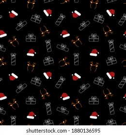 
pattern gifts, hat and deer's horns on a black background