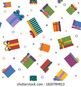 pattern and gifts on a white background, color vector illustration in flat style, print, texture, textile, design, decoration, background, Wallpaper