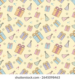 Pattern with gifts and party hats of different colors, yellow pastel background with outline stars