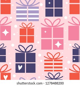 Pattern with gifts. Surprise. Vector illustration in flat style. Wrap, wallpaper. Seamless background.