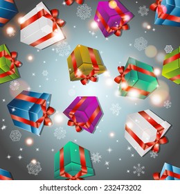 Pattern with gifts. Use as a pattern fill for New year or Birthday. Sparkles and bokeh. Shiny and glowing