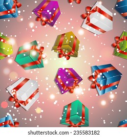 Pattern with gifts. Use as a pattern fill for New year or Birthday. Sparkles and bokeh. Shiny and glowing