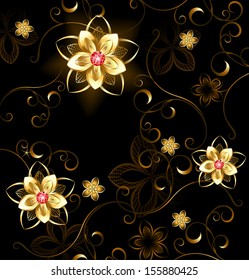 Pattern of gilded flowers with bright rubies on brown background.