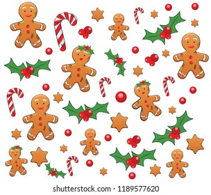 Pattern with Gingerbread, Candy Cane and christmas berry on white background. Happy christmas