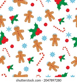 Pattern with Gingerbread, Candy Cane and christmas berry