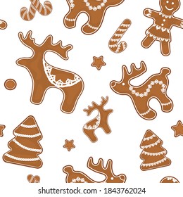 Pattern with gingerbread Christmas deer, Christmas trees and little men decorated with openwork braid for decoration