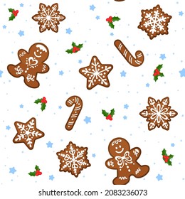 Pattern with Gingerbread cookie on a white background. Vector cartoon chertmas biscuit background. Flat design. Icons isolated.