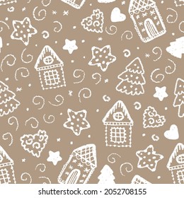 Pattern with  gingerbread decorated with glaze. Christmas pastries, heart, Christmas tree, cookies