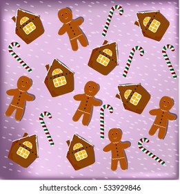 pattern of gingerbread man house candy cane