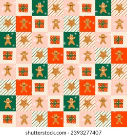 Pattern with gingerbread men and cookies. Illustration of multi-colored squares with Christmas elements. Christmas and New Year. Vector. For textiles, clothing, packaging, social networks and web