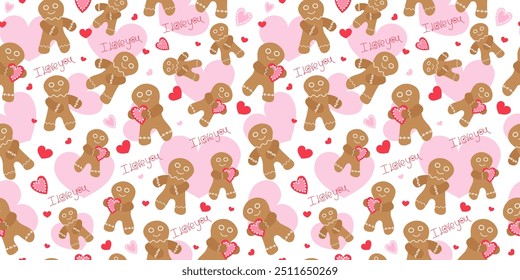 Pattern. Gingerbread men with a heart, a couple in love. Food, baking. Hand lettering I love you. Heart shape, love. Valentine's Day. Seamless background.