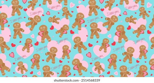 Pattern. Gingerbread men with a heart, a couple in love. Food, baking. Hand lettering I love you. Heart shape, love. Valentine's Day. Seamless background.