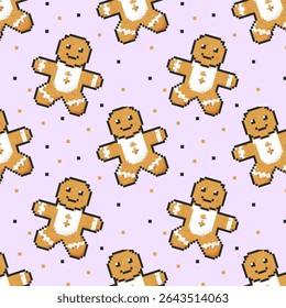 A pattern of gingerbread men is shown on a purple background. Each gingerbread man is smiling and has a white stripe on their chest